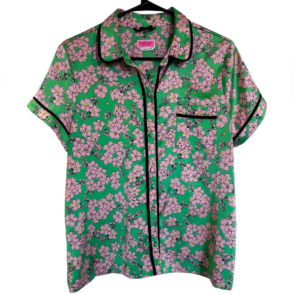 Kate Spade Charm Floral Button Down Pajama Top Short Sleeve Green & Pink Sz Med - Picture 2 of 16
